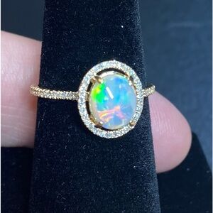 Opal and Diamond 14 Karat Gold Ring . Australian Opal mined in Coober Pedy